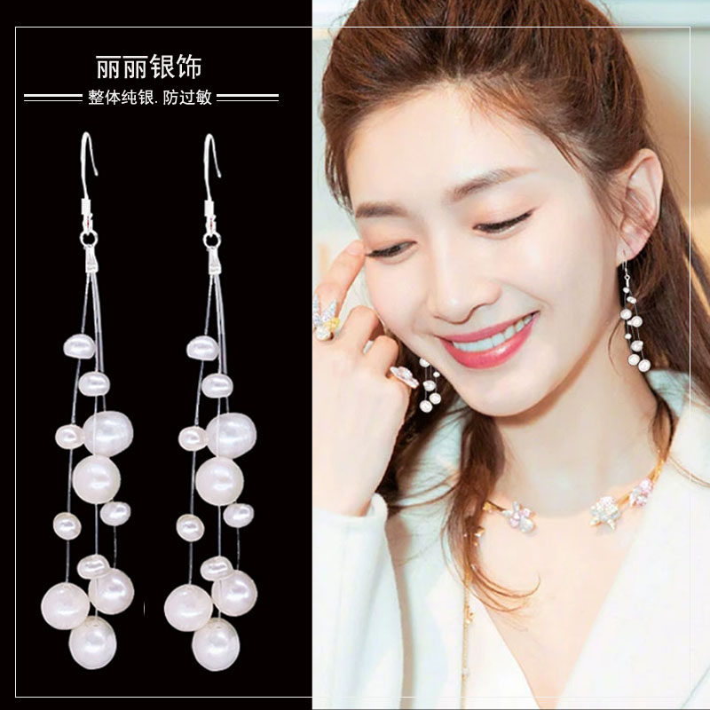 Natural pearl earrings women 2021 new fashion net red long version temperament super fairy sterling silver hypoallergenic high-grade sense earrings