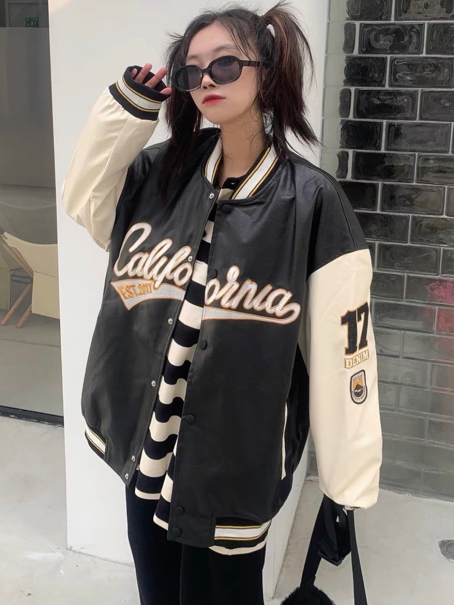 美式PU皮棒球服夹克