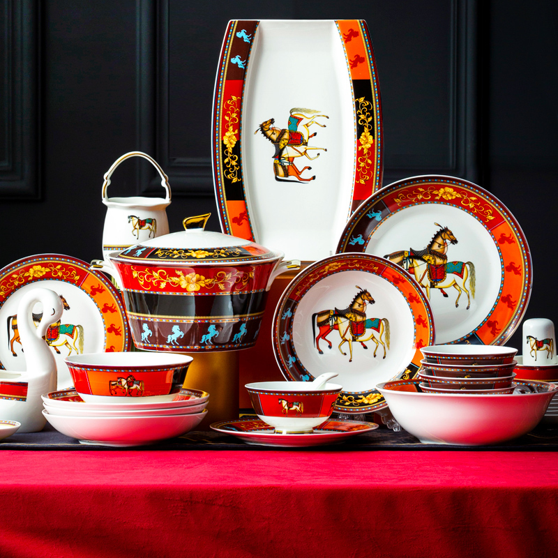 Dinnerware Set for Home Use, European-Style Gold-Rimmed Bone China, Hermès Tableware, Jingdezhen Ceramic Bowl and Plate Combination, Dining Bowls and Chopsticks