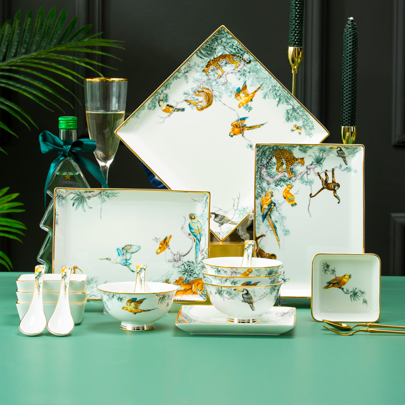 Jingdezhen Ceramic Tableware Square Gold-Rimmed Bowl and Dish Set Household Chinese Bone China Plate Hermès Jungle Gift Box
