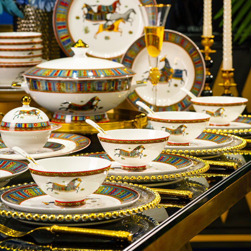 Hermès Tableware European-Style Gold-Rimmed Bone China Bowl and Plate Set for Home Use, High-End Gift for Housewarming