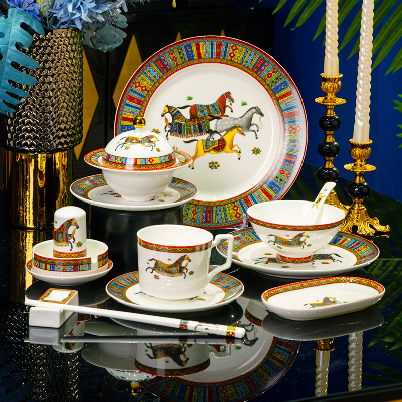 Hermès Tableware Set, Household Bone China, European-Style Gold-Rimmed High-End Coffee Cup, Stew Pot, Hotel and Club Table Setting Hermès Tableware Set, Household Bone China, European-Style Gold-Rimmed High-End Coffee Cup, Stew Pot, Hotel and Club Table Setting