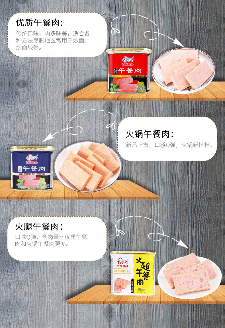 厦门老字号 古龙 优质午餐肉罐头 198g*4罐 图2