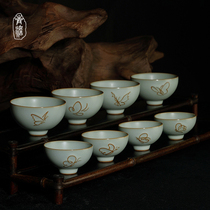 Jingdezhen Ru Kiln Tea Cup Handmade Masters Cup Single Cup Ceramic Raw Mineral Glaze Imitation Ancient Palace Wind Tea Bowl Open Sheet Can Be Raised