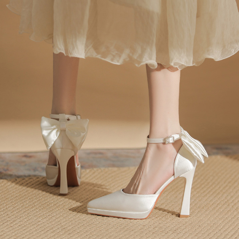Main Wedding Shoes with Waterproof Platform, Thick Sole, French Satin, White Pointed Toe, High-End Bridal Shoes, High Heels, Height-Increasing Magic Tool