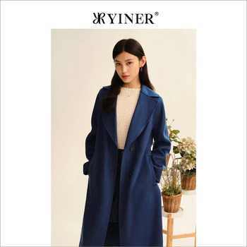 【100绵羊毛】YINER音儿专选女装冬中长款宝蓝色外套双面呢大衣