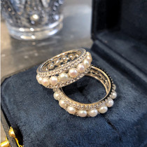 PT950 Platinum American Import Mosanstone Group Inlaid Pearl Platoon Ring Pure Silver Method Pearl Sandwich Ring Ring