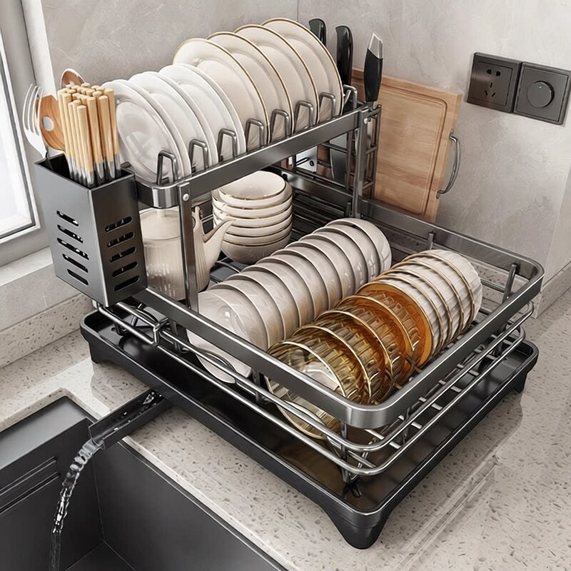 Kitchen Countertop Bowl and Chopsticks Draining Rack Double-Layer Stainless Steel Dish Storage Rack Bowl and Plate Storage Rack