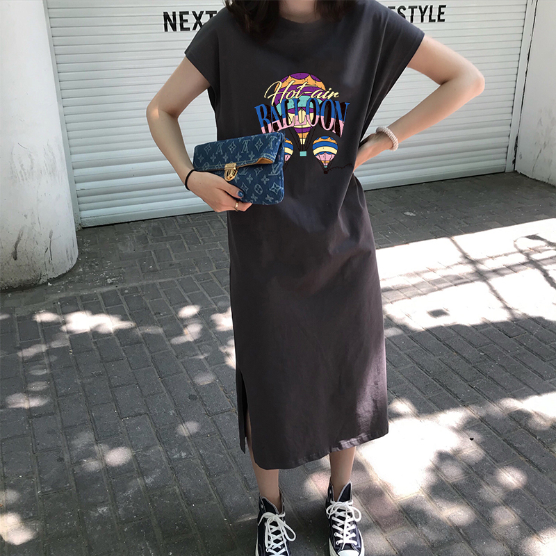 Summer New Casual Loose T-Shirt Dress Korean Style Long Over-The-Knee Pure Cotton Sleeveless Hem Slit Slim Dress