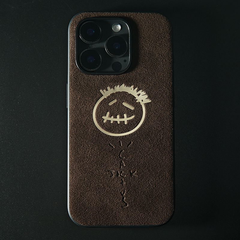 Travis Scott Smiley Face Phone Case Suitable for Apple 17 Pro Max, iPhone 16 /15/14/13 Trendy Brand Air Niche High-End Feel Plus New Original Alcantara Suede Leather