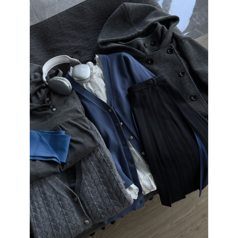 【A Touch of Blue】Kuizi Jk Uniform Pleated Three-Piece Set Knitted Cardigan Shirt Plaid Skirt Suit College Style