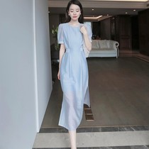 Cream blue dress 2021 summer thin French coffee break first love High-end long dress design sense niche skirt