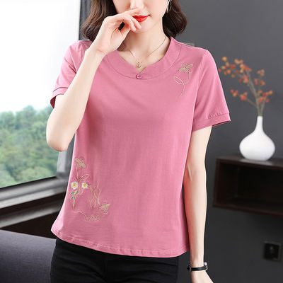 Ethnic-style pure cotton short-sleeved T-shirt for women, loose plus-size top, middle-aged and elderly mom's outfit, stylish embroidered small blouse