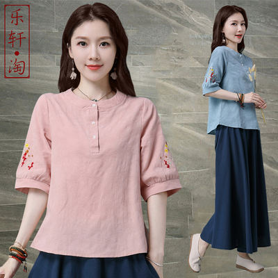 Cotton and linen large-sized jacquard short-sleeved T-shirt for women's summer, new embroidered ethnic style loose top for middle-aged and elderly mothers