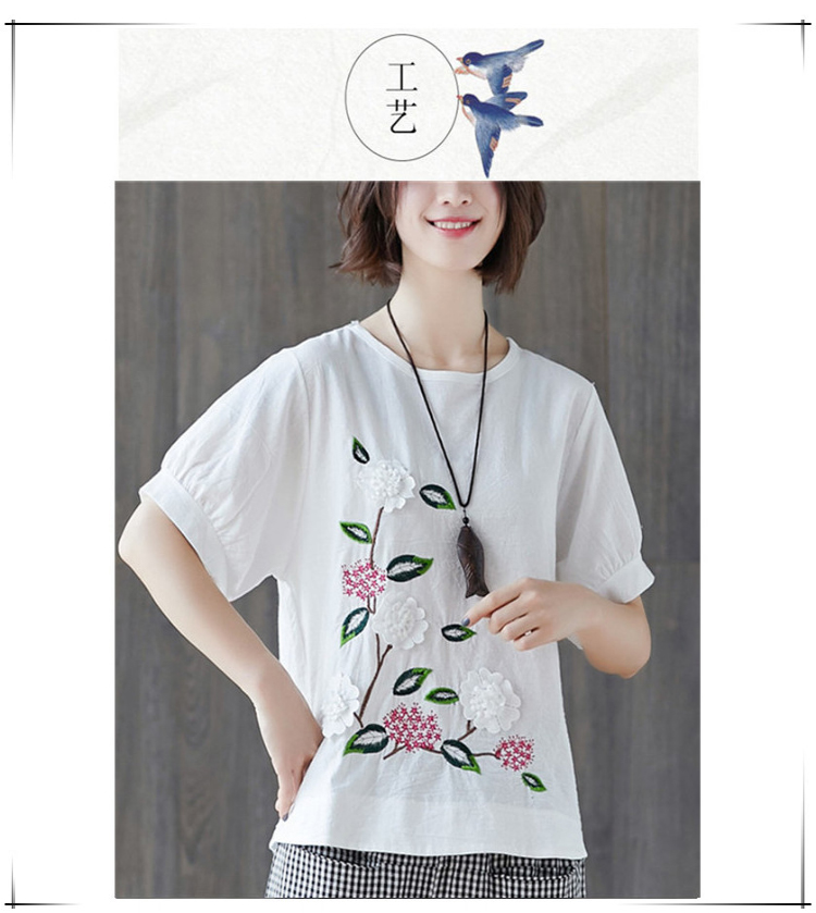 Áo thun cotton và hoa thêu tay ngắn mùa hè 2019 quần áo mới phong cách quốc dân áo từ bi rộng tay áo sơ mi nữ - Áo phông áo phông nữ có cổ