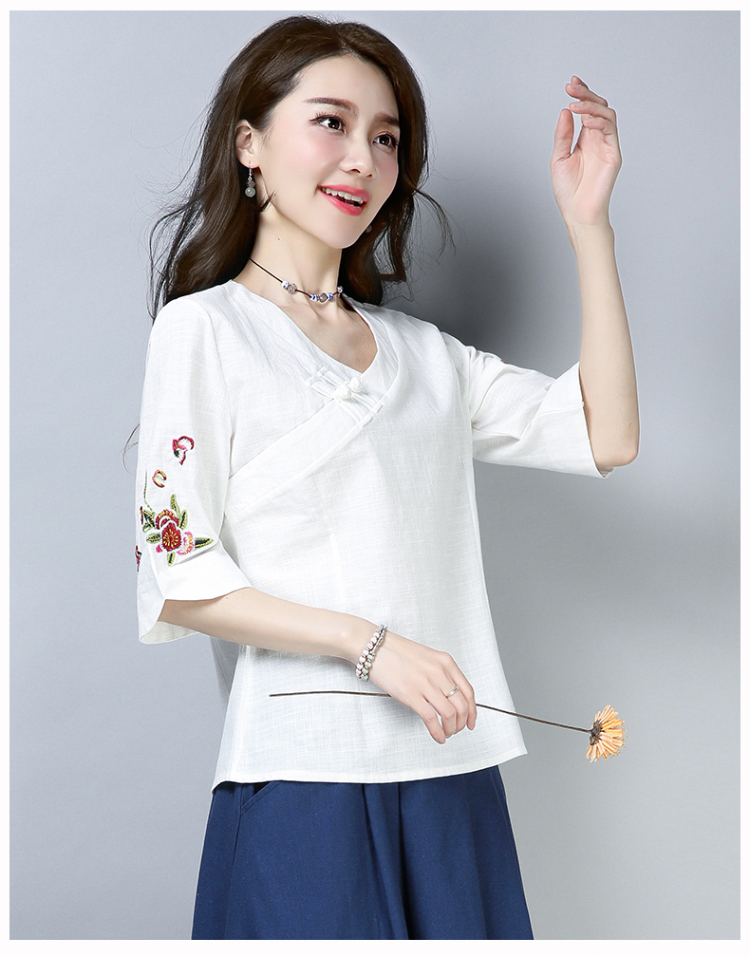Áo cotton và vải lanh nữ 2019 mùa hè mới phong cách quốc gia thêu áo sơ mi tay ngắn mùa hè Áo thun nữ nửa tay - Áo phông áo phông nữ rộng