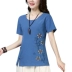 Chất liệu cotton và vải lanh size lớn cho nữ 2019 hè mới gió hoang dã nửa tay áo sơ mi thêu rộng tay áo thun nữ ngắn tay - Áo phông áo phông rộng Áo phông