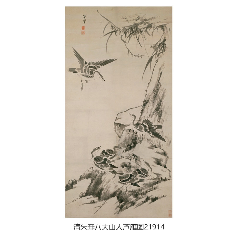 水墨画 鶴 掛軸 八大山人 朱耷 水墨花鳥図 清 清明朱耷八大山人鱼图卷轴中式装饰画水墨花鸟画玄关茶楼挂画字画-淘宝