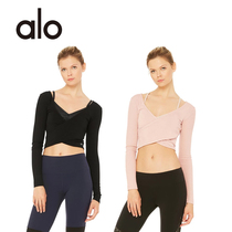  AloYoga official website summer black long-sleeved short blouse yoga fitness sports V-neck breathable top