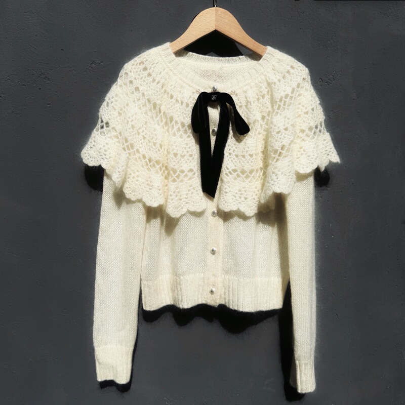 High-End Model! Hand-Crocheted Shawl with Imported Velvet and Knitted Sweater Top