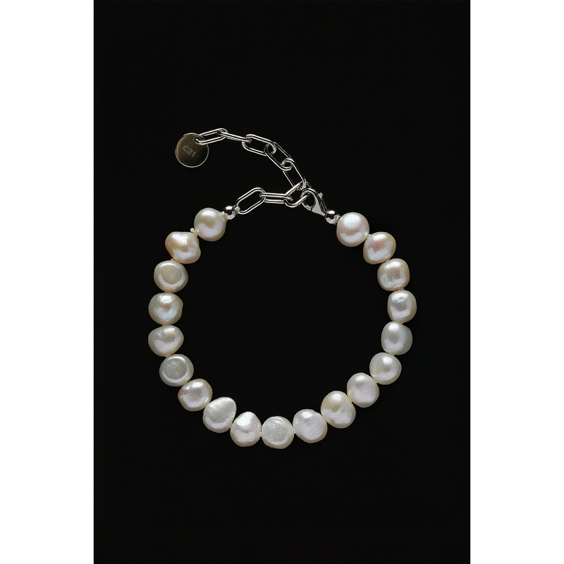 Baroque Pearls 925 Sterling Silver Platinum-Plated Flat Link Chain Baroque Small Pearl Bracelet Baroque Pearls 925 Sterling Silver Platinum-Plated Flat Link Chain Baroque Small Pearl Bracelet