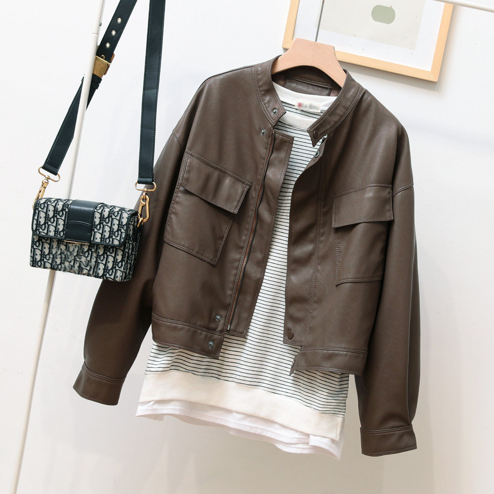 Tide 2021 Spring and Autumn New Retro - relaxed short locomotive windshirt female leather jacket coat