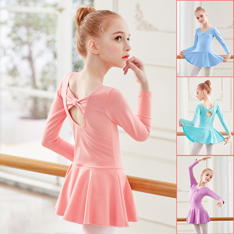 Girls long-sleeved dance costume Autumn children's one-piece exercise dress Chinese folk dance exam dress princess ballet dress