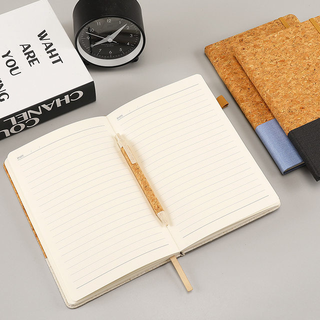 Cork Strap Notebook A5 Faux Leather Pu Eco-Friendly Wheat Straw Spliced Fabric Texture Notepad Business Set