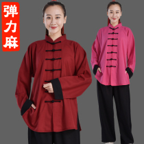 Hengshu elastic cotton and hemp tai chi suit Female Chinese style martial arts suit male turn-over sleeve performance suit Taijiquan costume practice suit