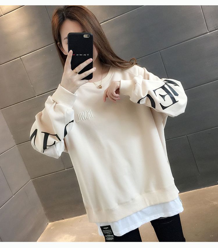 Fake hai mảnh phiên bản Hàn Quốc của cổ tròn lỏng lẻo trùm đầu áo len in chữ hoang dã áo khoác nữ 2020 mùa xuân và mùa thu - Áo len