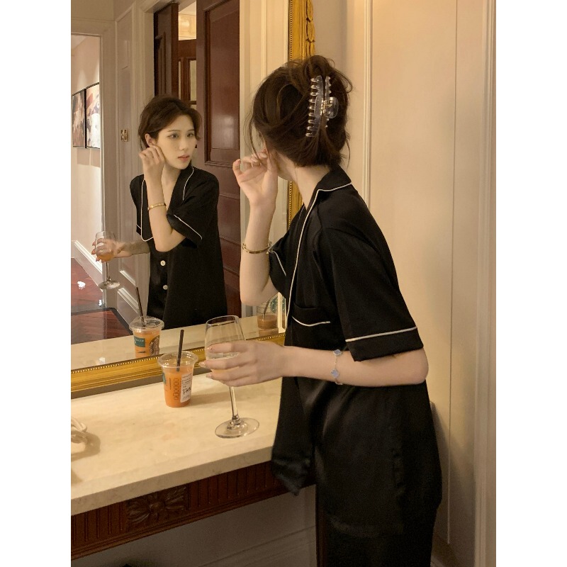 Ice Silk Pajamas for Women, Summer Short-Sleeved Long Pants Two-Piece Set, High-End 2026 New Style Loungewear for Casual Wear Outside