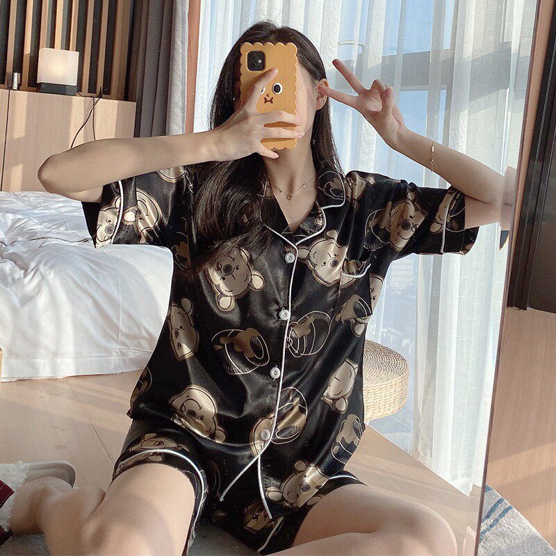 2022 South Korea East Gate Ice Silk Pyjamas Women's Summer Thin style Han version Short sleeves Little Bear Net Red Silk Home Clothes-Taobao