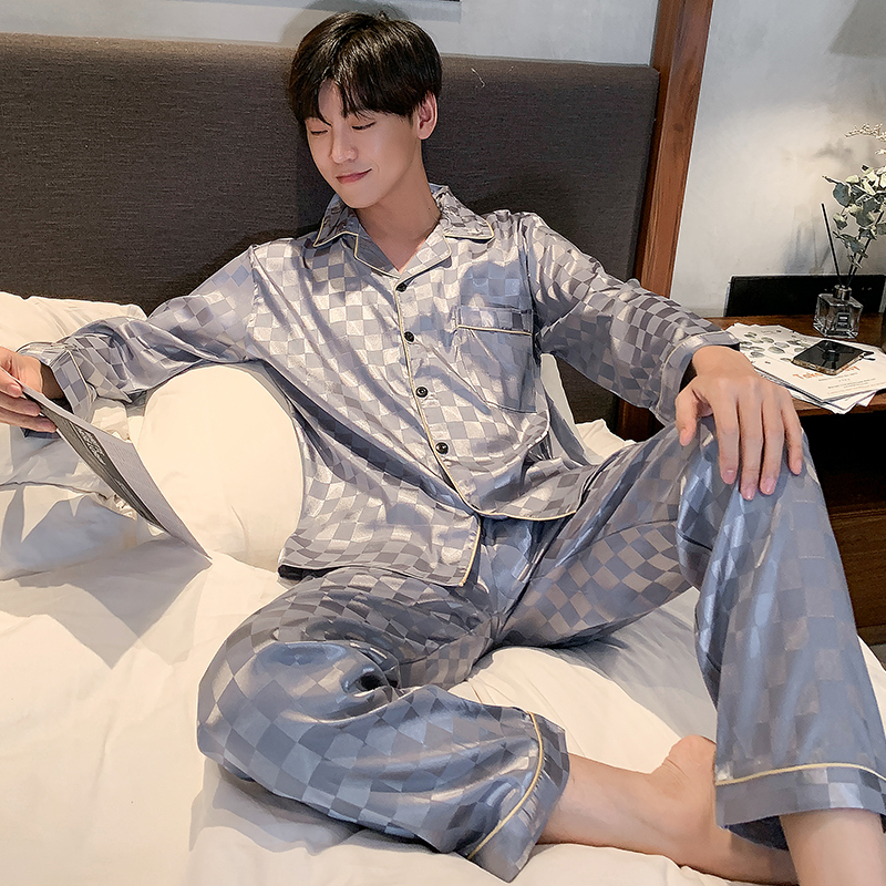 Men's Pajamas Spring and Autumn Thin Ice Silk Long-Sleeved Loungewear 2026 New Imitation Silk Summer Two-Piece Set