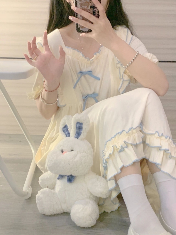 Nightgown for Women, Summer Short-Sleeved Pure Cotton, Internet Celebrity Style, Petite, Cute, Sweet, Princess Style, Square Neck Summer Nightgown Dress