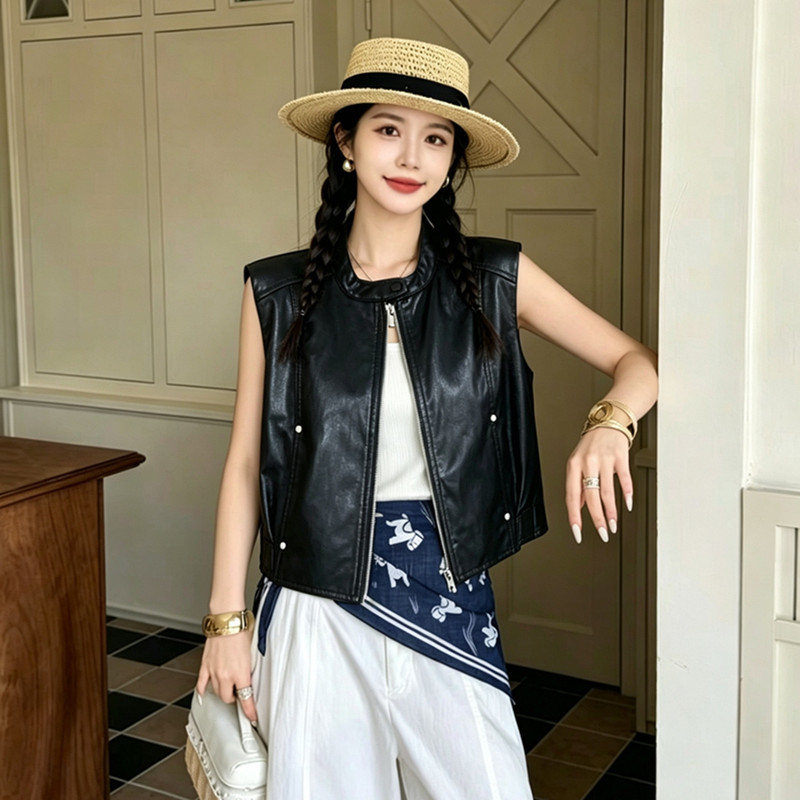 High-End Motorcycle-Style Leather Vest for Women, Short Style, 2026 Autumn Sleeveless Zip-Up Jacket, Versatile Leather Vest Top High-End Motorcycle-Style Leather Vest for Women, Short Style, 2026 Autumn Sleeveless Zip-Up Jacket, Versatile Leather Vest Top