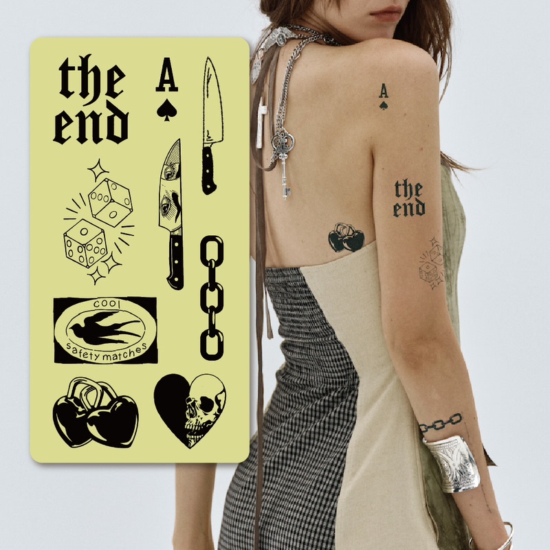 Inktrap Ink Trap Letter Heart Skull Lock Chain Knife Dice ins Style Herbal Tattoo Sticker Set