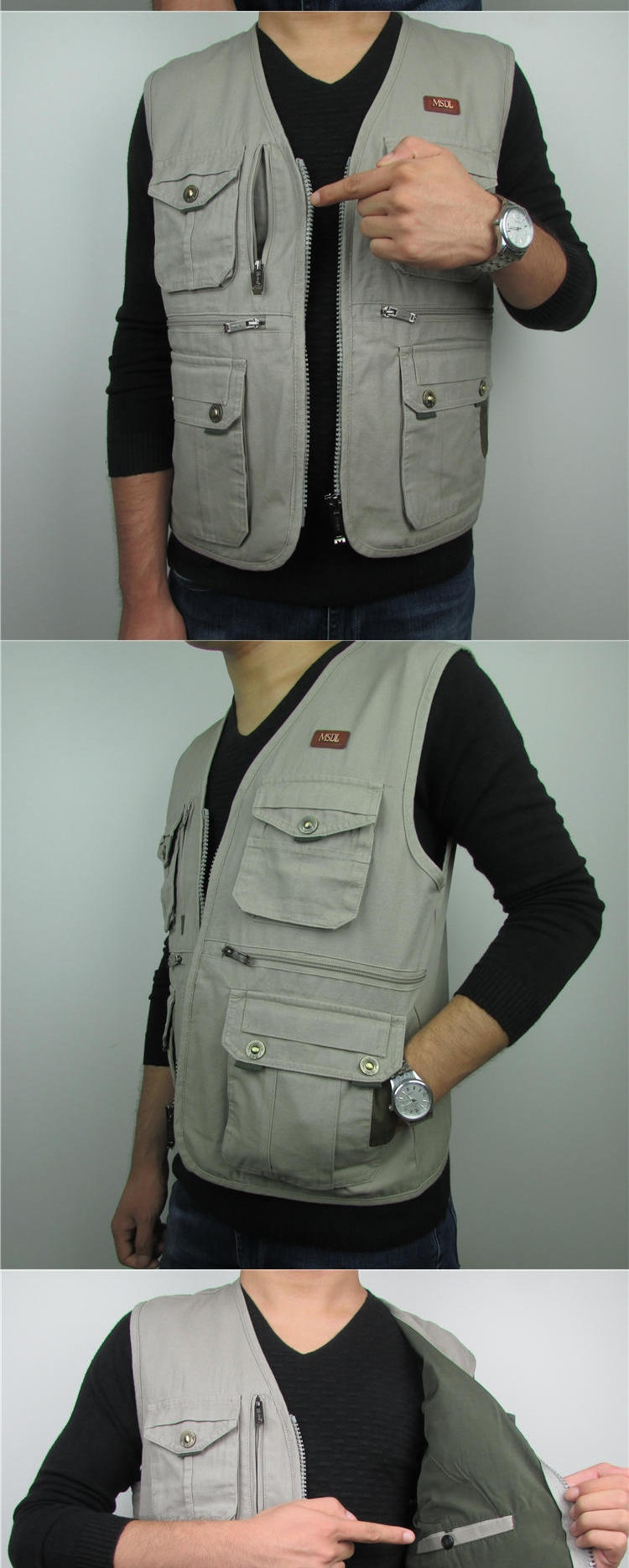 Áo thun cotton ngoài trời cho nam trung niên mùa xuân và mùa thu chụp ảnh nhiều túi áo vest lỏng áo khoác mùa đông nam hàn quốc