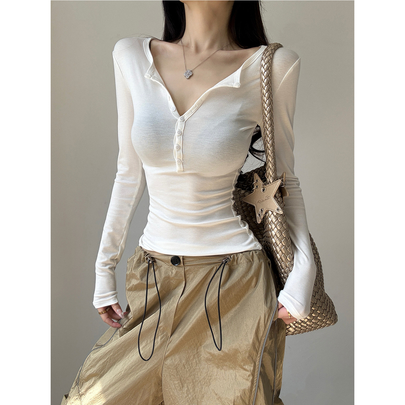 American-Style Sexy Elastic Button U-Neck Long-Sleeve T-Shirt for Women, Short Slim-Fit Inner Layer Base Shirt, Low-Cut Top for Trendy Girls