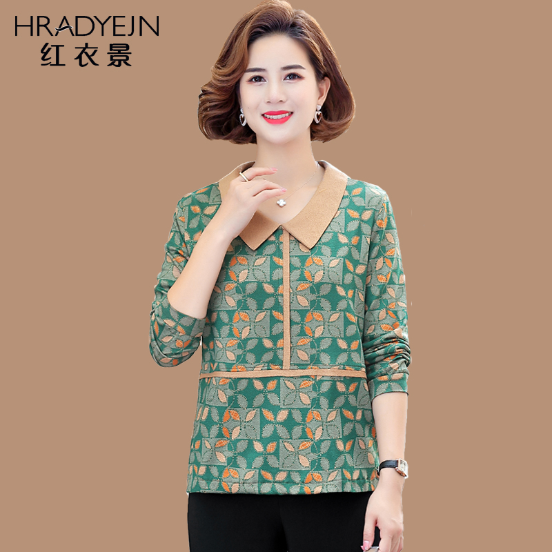 Mid-aged women's clothing spring long sleeves T-shirt 50-year-old mom Spring dress blouses Loose Crummy Jersey New Product