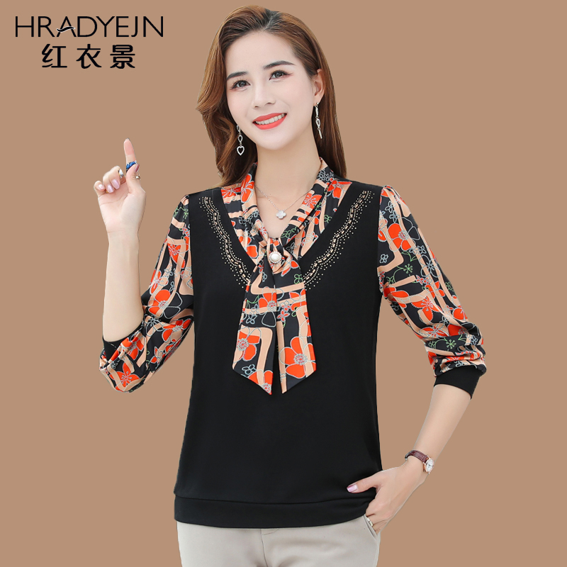 2022 middle-aged and elderly women's spring and autumn wear long-sleeved inner wear 40-year-old Western style mother's bow T-shirt top trend