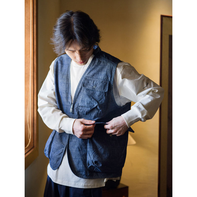 Mizutoki Ss25 8oz Multi-Pocket Denim Fishing Vest, Washed Double Warp and Weft Slub Denim Work Vest
