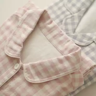 Spring and summer couple pajamas cotton gauze cloth unprinted women's plaid long-sleeved thin casual men's home wear suit
