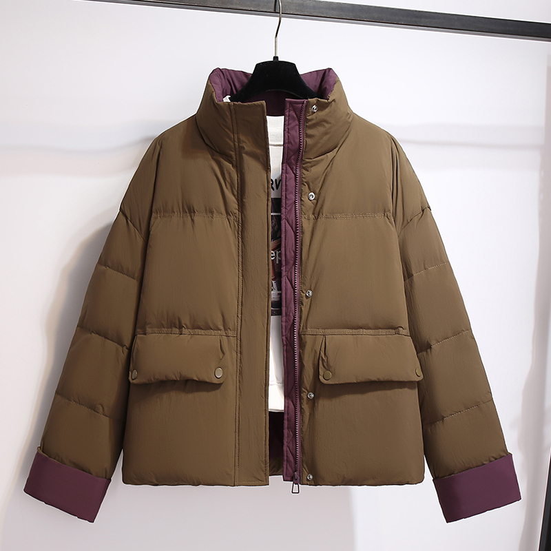Short Thickened down Jacket for Petite Women with Stand Collar in Melard Brown Coffee Color, New Winter 2025 Style