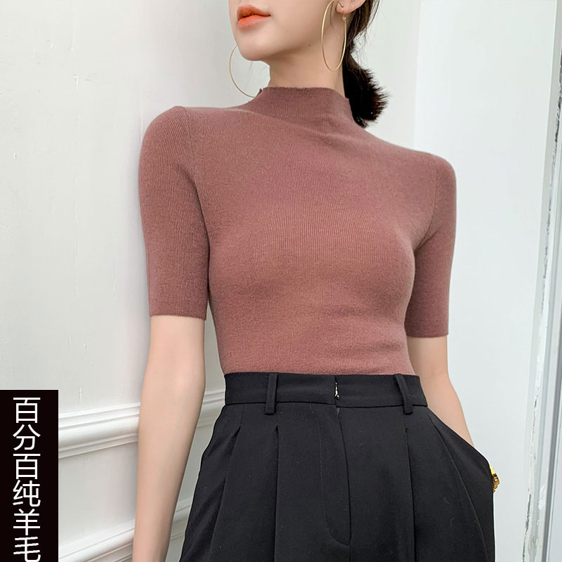 Semi-high collar knit T-shirt woman minimalist ultra slim pure wool ultra-thin half sleeve body sweaters undershirt short sleeve T-shirt summer