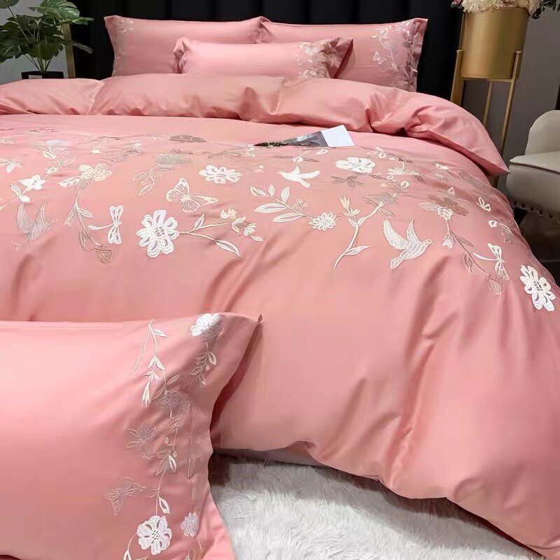 Fuana European-style simple four-piece set of pure cotton embroidered quilt cover sheets skin-friendly naked sleep washed cotton bedding