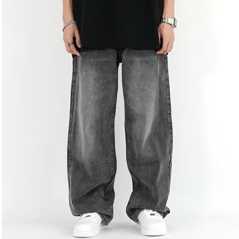 American Retro Style Smoky Gray Elastic Waist Plus-Size Loose Straight-Leg Wide-Leg Drapey Jeans for Men American Retro Style Smoky Gray Elastic Waist Plus-Size Loose Straight-Leg Wide-Leg Drapey Jeans for Men