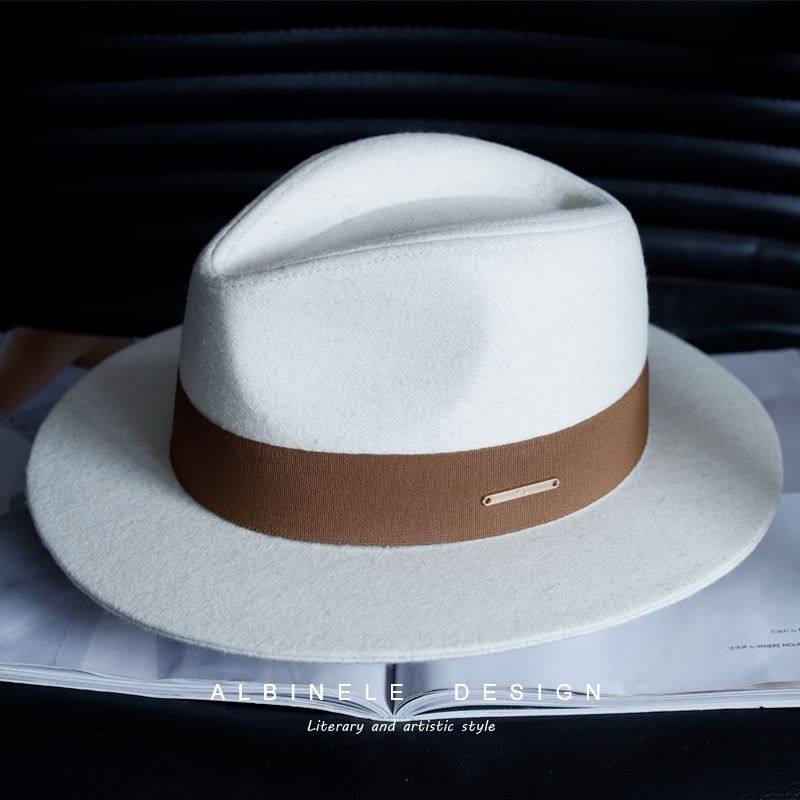 French Style New Autumn and Winter White Wool Felt Hat for Men and Women, Black Large Head Circumference Flat-Brimmed Felt Hat, Versatile Camel Color