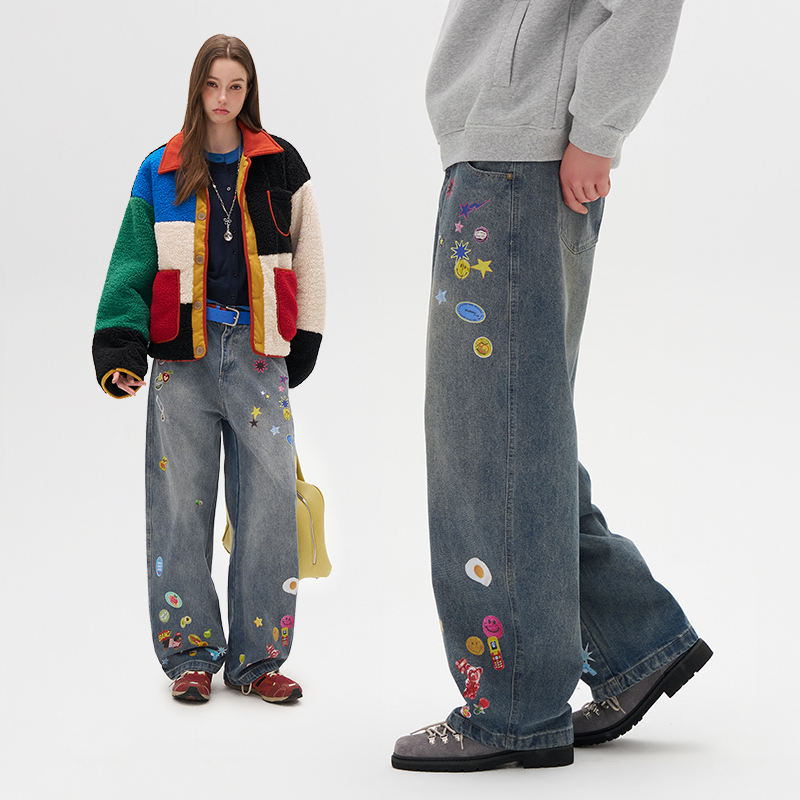 Bosie Spring and Autumn Street Cartoon Print Washed Jeans for Men and Women High Street Retro Casual Trendy Loose Long Pants