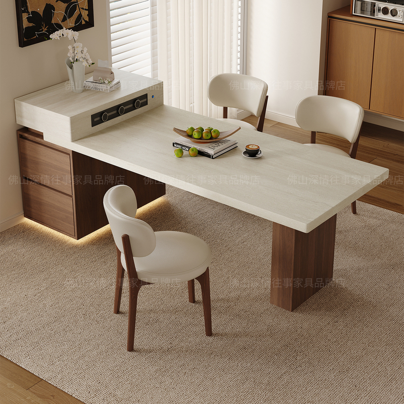 Integrated Dining Table with Hanging Rock Slab Island under Travertine Stone, Retractable, Nordic Style, Small Apartment, Open Kitchen, Against the Wall, Center Island Integrated Dining Table with Hanging Rock Slab Island under Travertine Stone, Retractable, Nordic Style, Small Apartment, Open Kitchen, Against the Wall, Center Island