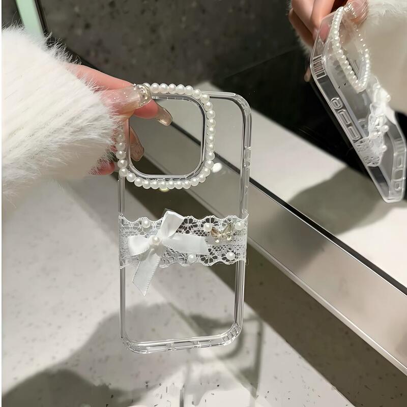 ins Wind Lace Butterfly Pearl Glitter Diamond Case for Apple 17 Pro Max, iPhone 16 Pro Max, Xiaomi 17, Huawei Transparent Fresh 14 Large Hole 15 Vivo Shockproof Oppo Honor